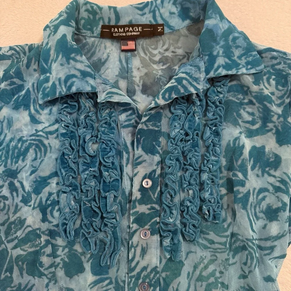 Vtg 90s Y2K Rampage Sheer Velvet Burnout Top Sz M Aqua Floral Ruffle Collar Mesh - Picture 4 of 14